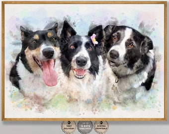 Custom 3 Dog Portrait Painting from Photo. Bespoke gift Watercolour digital multiple dog. Personalised dog mum gift, Bereavement Memorial