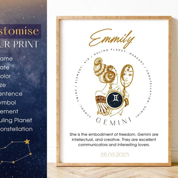 She is Gemini Print. Custom zodiac poster. Gemini poster, Astrology Print. Custom Star Sign, Gemini Zodiac, Gemini Gift for Her,May Birthday