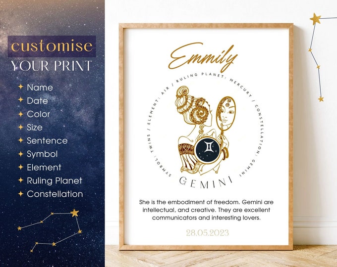 She is Gemini Print. Custom zodiac poster. Gemini poster, Astrology Print. Custom Star Sign, Gemini Zodiac, Gemini Gift for Her,May Birthday