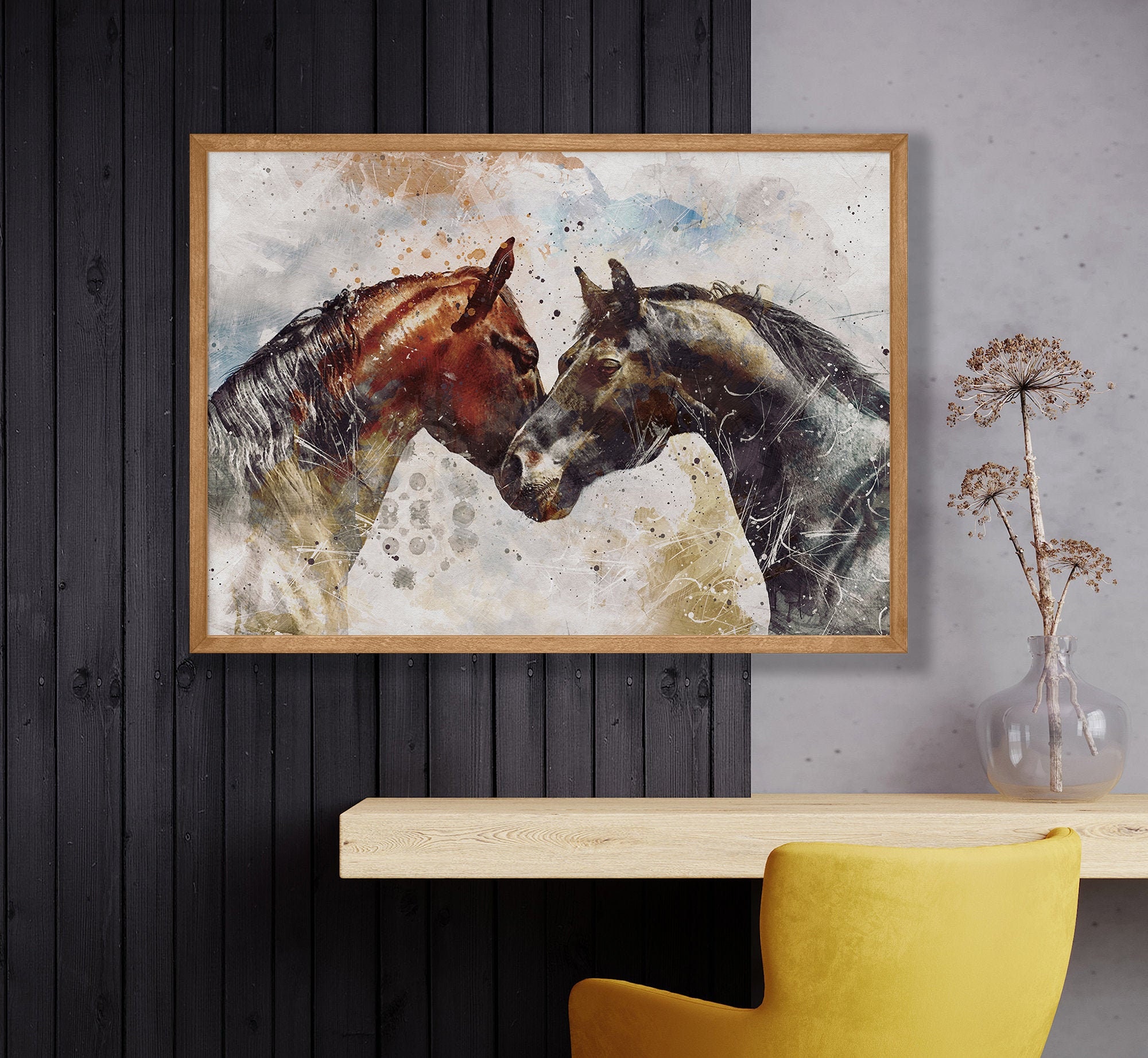 Two Horses Digital Painting Portrait Abstract Wild Horses Love Print Horse Lovers Gift Brown and Black Modern Art Equine Wall Art for Couple