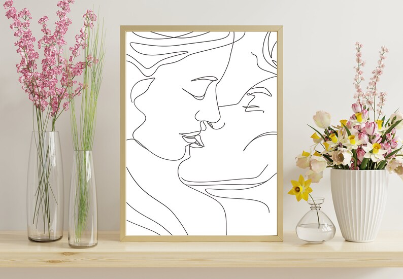 Couple Kissing Line Drawing/Lovers One Line/Man And Woman Poster/Abstract Love Art/Wall Art/Face Line Art/Couple Print/Kiss Print/Minimal image 3