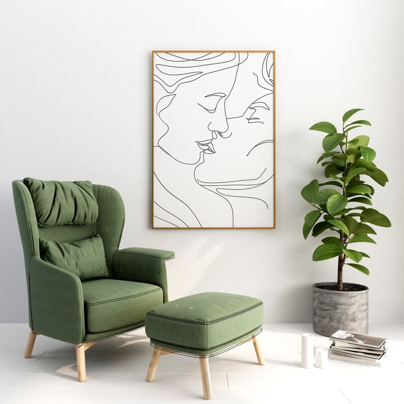 Couple Kissing Line Drawing/Lovers One Line/Man And Woman Poster/Abstract Love Art/Wall Art/Face Line Art/Couple Print/Kiss Print/Minimal image 1