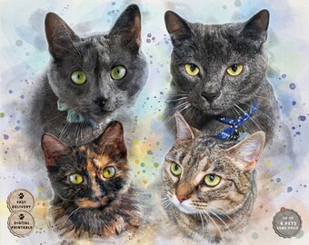 Multiple Cats Portrait, Custom Cat Watercolor Painting From Photo, 3 cat picture, Cat Remembrance, Cat themed gifts,Tabby cat art commission