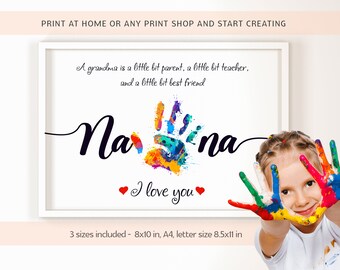 May include: Printable art print with a colorful handprint and the text "A grandma is a little bit parent, a little bit teacher, and a little bit best friend. Nana I love you."  The print is available in three sizes: 8x10 inches, A4, and letter size 8.5x11 inches.