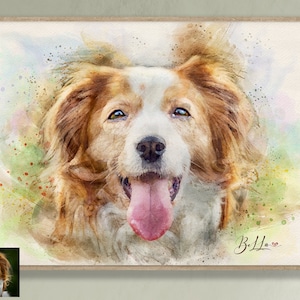 May include: Watercolour painting of a dog with brown and white fur. The dog has its tongue sticking out and is looking at the viewer. The background is a soft watercolour wash of green, blue, and pink.
