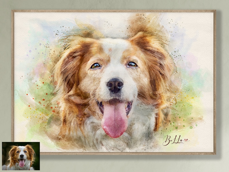 May include: Watercolour painting of a dog with brown and white fur. The dog has its tongue sticking out and is looking at the viewer. The background is a soft watercolour wash of green, blue, and pink.