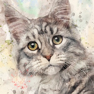 Cat commission artwork. Custom watercolor digital portrait of a tabby cat drawn from a photo. Cat mom gift. Gift for cat owner. Kitten painting. Tabby cat art. turn photo into art. Colorful cat artwork