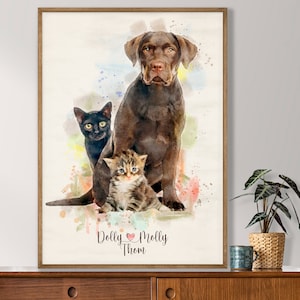 May include: Watercolour painting of a brown dog, a black cat, and a tabby kitten. The animals are sitting together in front of a colourful watercolour background. The painting is signed "Dolly Molly Thom" at the bottom.
