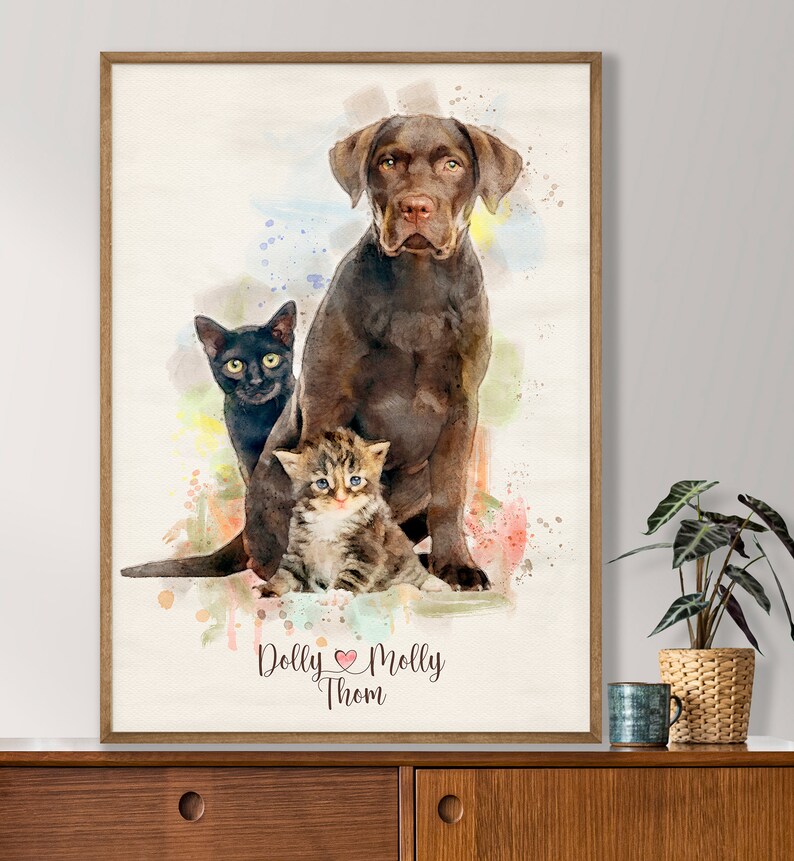 May include: Watercolour painting of a brown dog, a black cat, and a tabby kitten. The animals are sitting together in front of a colourful watercolour background. The painting is signed "Dolly Molly Thom" at the bottom.