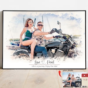 Custom Couple Rider Portrait Painting from photo, Personalized Biker Couple Print, Motorcycle Rider Print, Rider girl, Husband Custom Gift