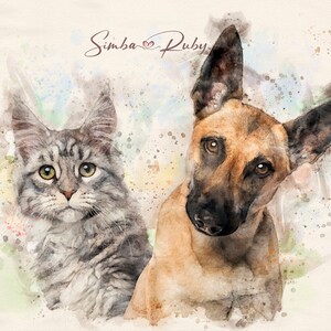 May include: A watercolour painting of a grey tabby cat and a brown and black German Shepherd dog. The cat is on the left side of the image and the dog is on the right. The cat is looking at the viewer and the dog is looking to the left. The text "Simba Ruby" is written in cursive at the top of the image.