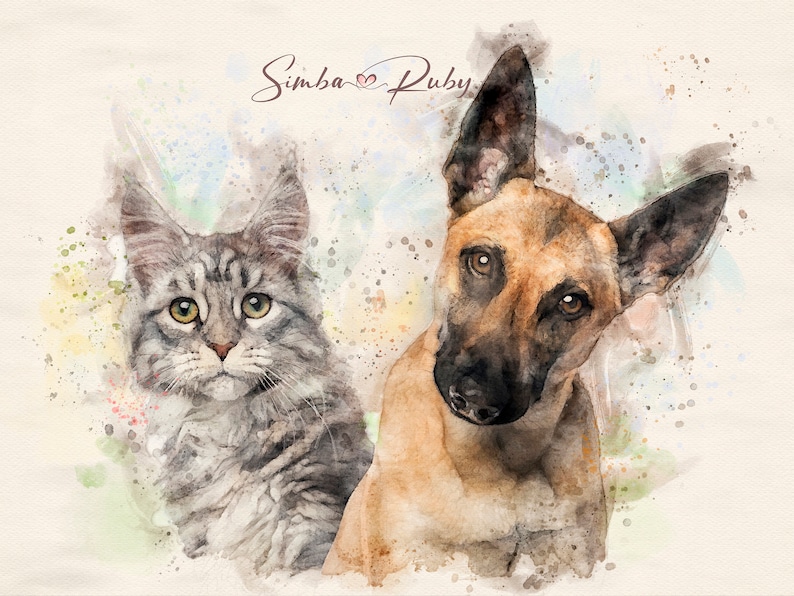 May include: A watercolour painting of a grey tabby cat and a brown and black German Shepherd dog. The cat is on the left side of the image and the dog is on the right. The cat is looking at the viewer and the dog is looking to the left. The text "Simba Ruby" is written in cursive at the top of the image.