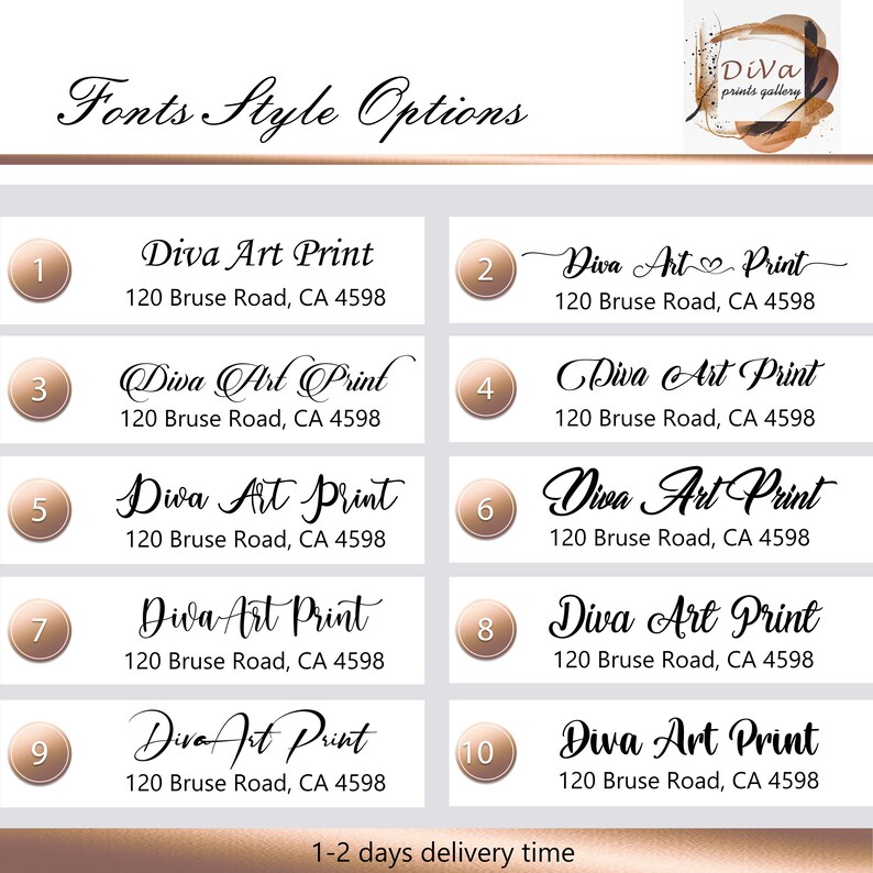 May include: Ten different font styles for the text "Diva Art Print" with the address "120 Bruse Road, CA 4598". The text is in black and the background is white. The font styles are numbered 1 through 10.