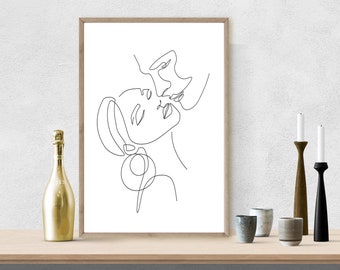 One Line Couple Art Print, Minimalist Kiss Art, Abstract Love Art, Couple Line Drawing, Romantic Wall Art For Bedroom, Abstract Faces Print
