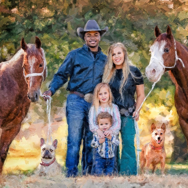 Family portrait painting with pet,People Horse and dog Picture,Painted Family Portrait,Art commission picture drawing, one gift whole family