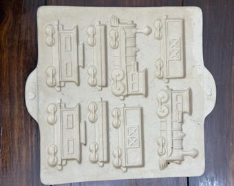 Molde para galletas vintage The Pampered Chef Family Heritage Home Town con forma de tren, molde para hornear galletas con forma de tren, molde de gres para galletas.