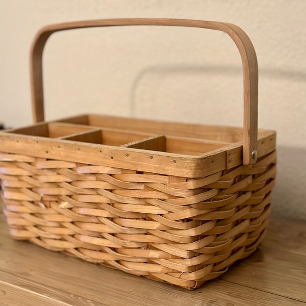 Amish Style Handmade Picnic Utensils Napkins Silverware Organizer Storage Basket Office Desk Caddy Solid Oak With Carrier Handle.