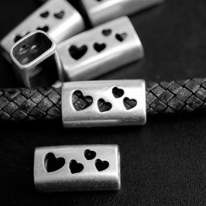 5 Heart Slider Beads, Regaliz Leather sliders, Heart beads fits 10x6mm Leather Crafting Supplies Jewelry Making, ZM109 AS