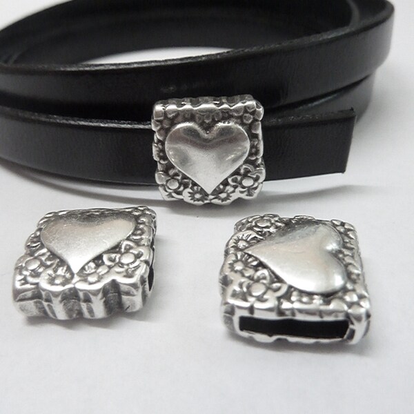 5 Heart Slider Beads for Flat Leather, Round Leather, DIY Bracelet, Chokers Making, Sterling Silver Plated, Wholesale Price ZM78 AS