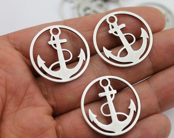 10 Sterling Silver Plated Anchor Charms, Nautical Pendants (30mm), ZM844 AS