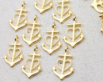 24k Gold Plated Anchor Charms, Faith Love Hope Pendants, ZM845 GO