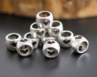 10 perles slider coeur plaquées argent sterling, grand trou, ZM119 AS