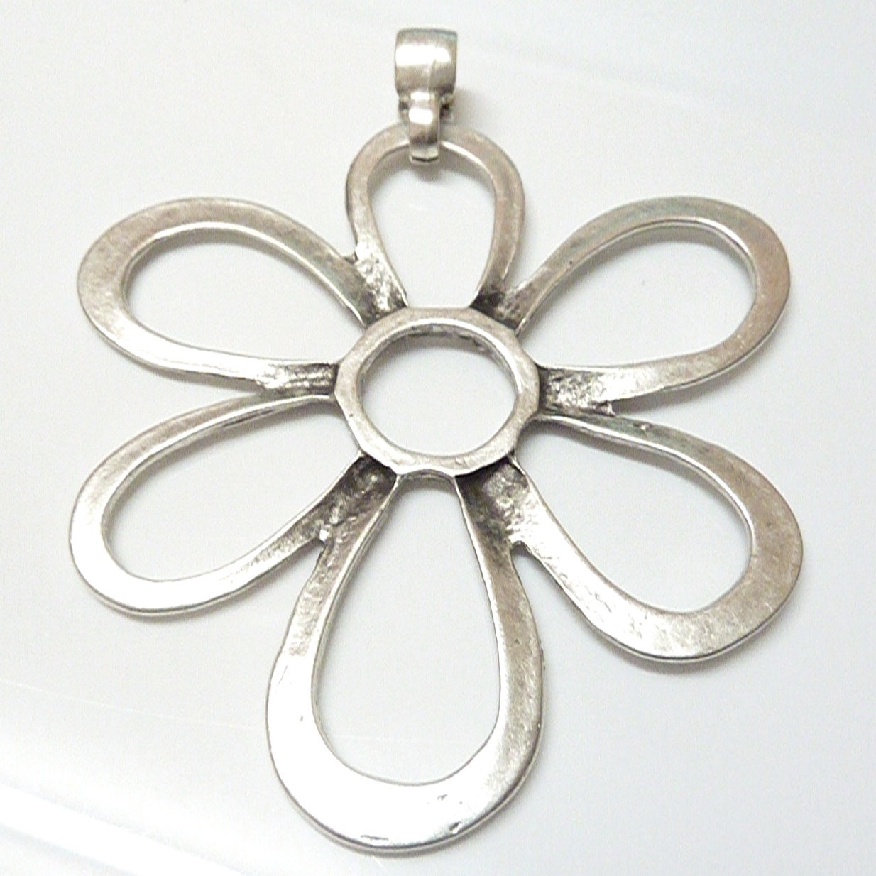 Boho Silver Flower Ribbon Necklace, Big Floral Pendant, Vegan