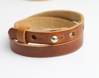 Dubbele wrap echt lederen armband, cognac bruin verpakte armband, verstelbare lederen armband, gift vrouwen mannen lederen armband, LB43-02