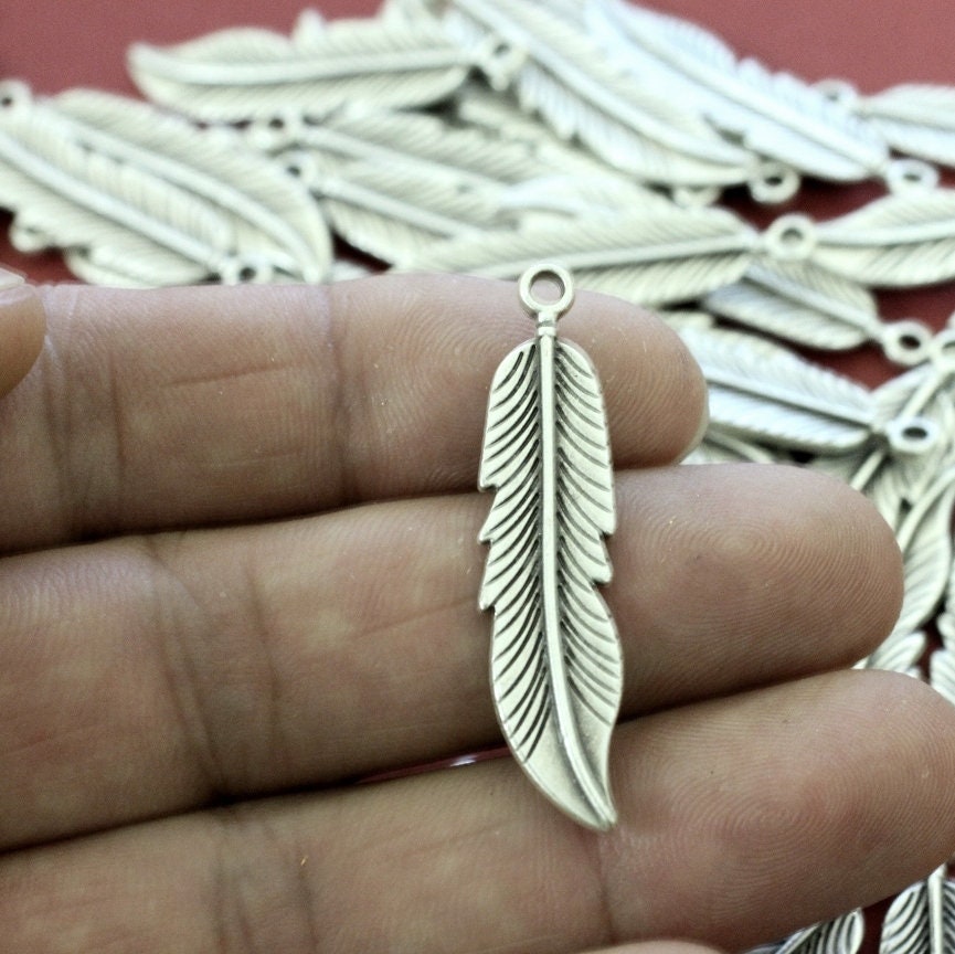 10 Silver Feather Charms Pendants Silver Plated Antique