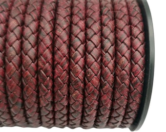 1 m de cuero trenzado, cordón bolo redondo de 6 mm, correa de cuero rojo desgastado, fabricación de pulseras, LB6