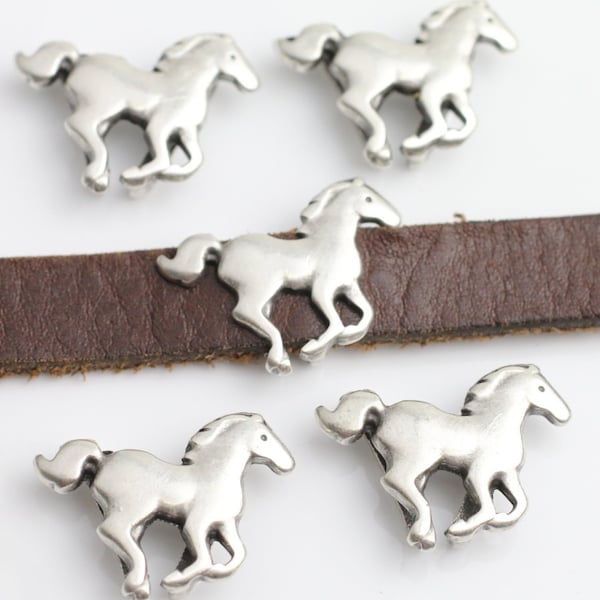 10 Silver Slider Beads, Silver Horse Slider Beads, Leather Beads, Antique Silver Tone, Jewelry Supplies for Wholesale Price, ZM141 AS