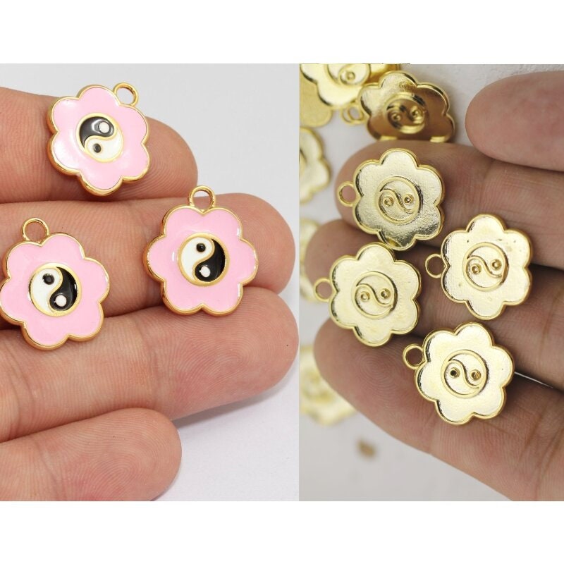 10 Yin Yang Charms Gold, Flower Charms, for Enamel Charm