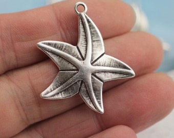 5 Antique Silver Sea Star Pendants, Sea Star Charms, Zamak