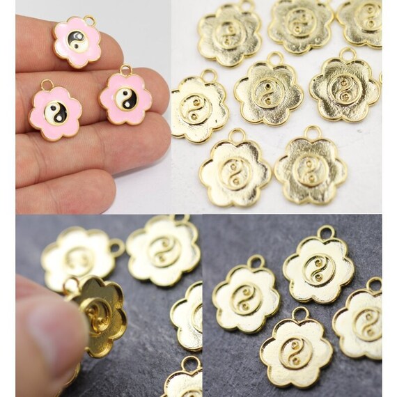 10 Yin Yang Charms Gold, Flower Charms, for Enamel Charm