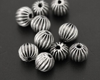 10 Sterling Silver Plated Round Corrugated Beads, Jewelry Supplies, ZM181 AS