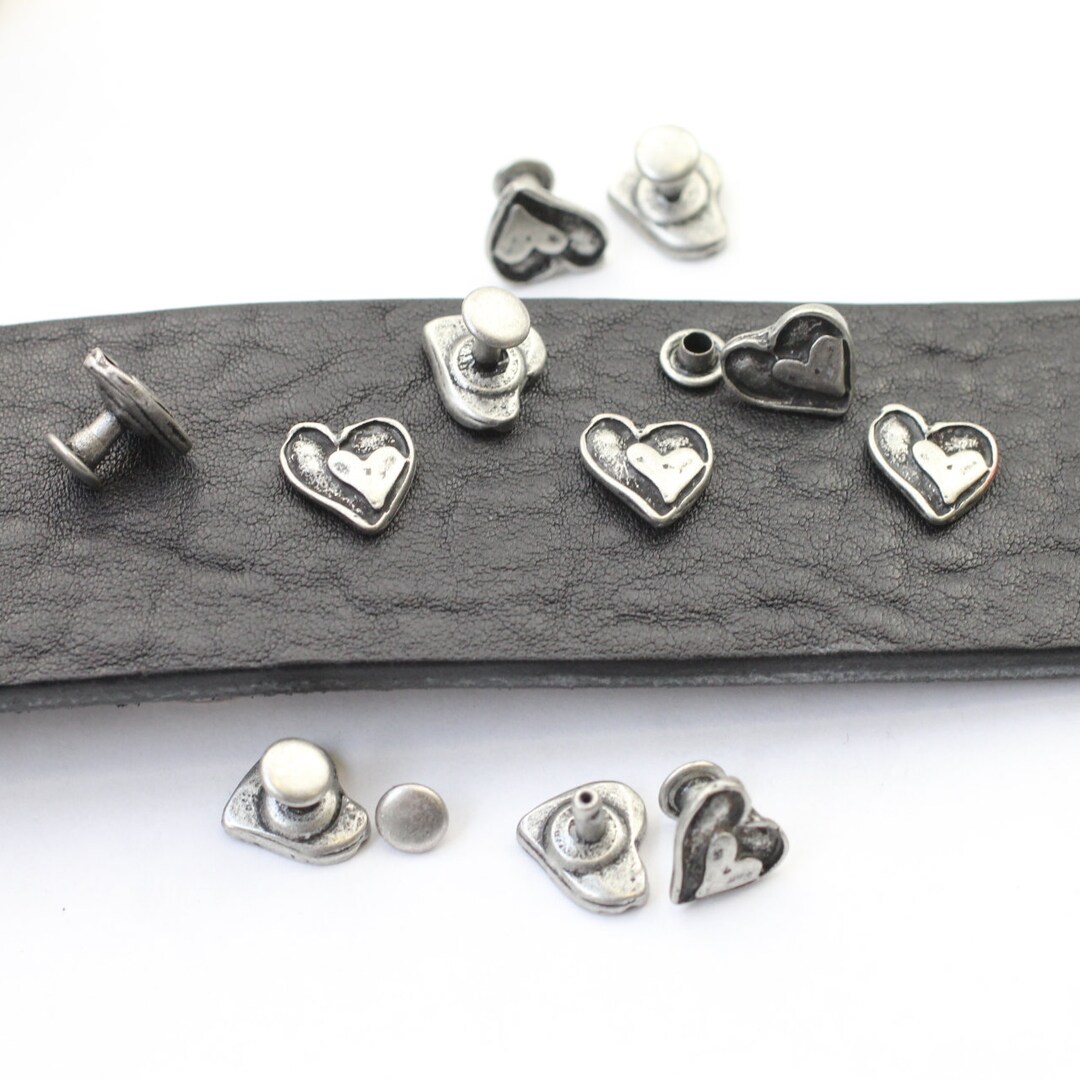 10 Dark Silver Heart Rivets, Heart Charms, Antique Silver Plated, Zamak
