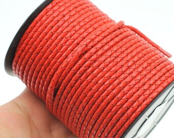 Red Leather Cord, Round Leather Cord, Round Bolo Braided Leather Cord 4mm, Top Quality braided Leather, 17808 / 1 Yard