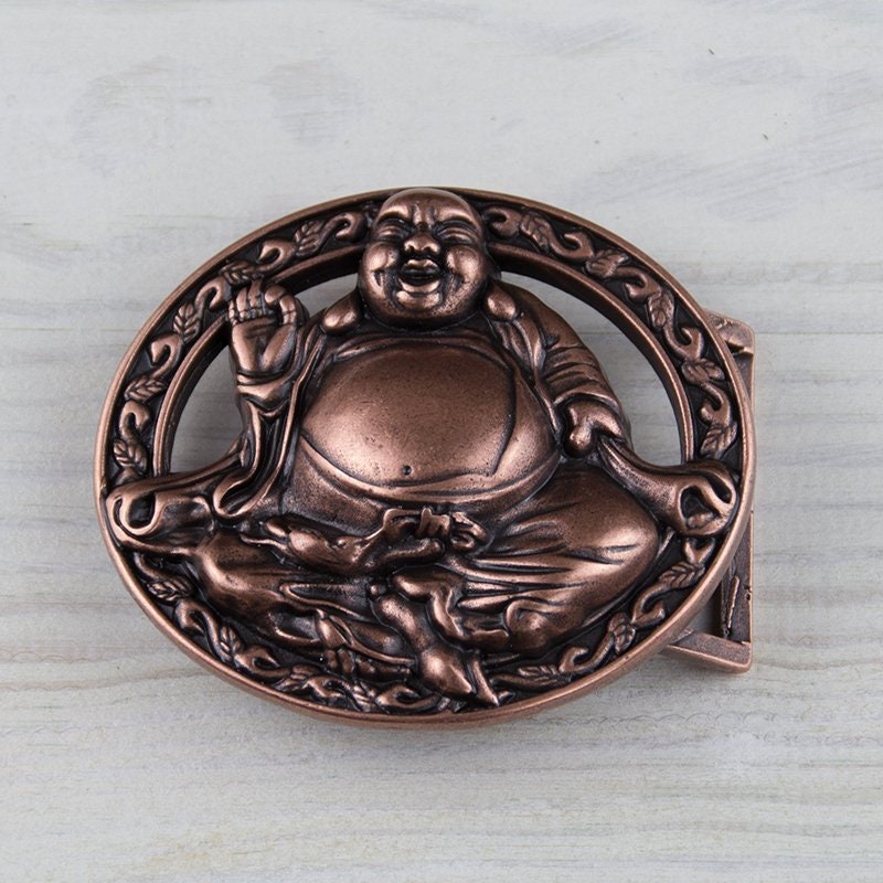 Vintage Buddha Head Buckle Brown Leather Belt Size Small Vintage Buddha Head Buckle Brown Leather Belt Filigree Brass  main image 4