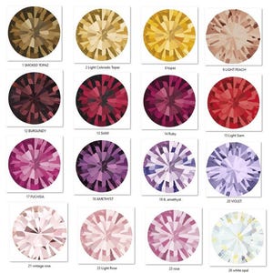 May include: A chart displaying 12 different coloured gemstones, each with a name and number. The gemstones are arranged in a grid of four rows and three columns. The gemstones are all round and have a faceted cut.
