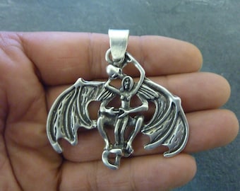 Silver Gargoyle Pendant, Winged Gargoyle , Fantasy Pendant, Skull and Woman, Gothic Pendant, Skull Winged Pendant, Jewelry Making, P53