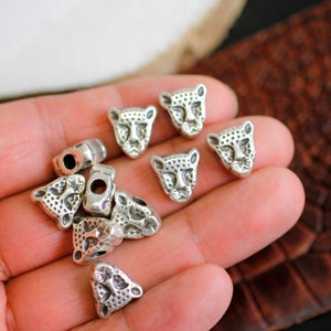 10 Gepard Head Beads, Leopard Beads, Large Hole Beads, Spacer Beads, Slider Beads, Silver Beads, Jewelry Supplies, ZM173 AS