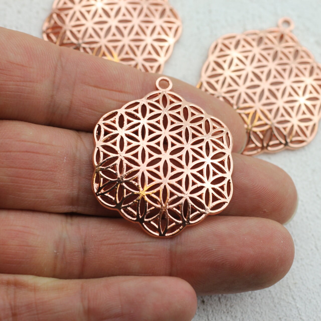 5 Flower of Life Pendants, Hexagon Pendants, Rose Gold 5 Flower of Life Pendants, Hexagon Pendants, Rose Gold