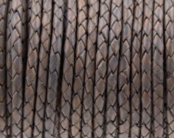 Vintage Grey Leather Cord, Round Bolo Braided Leather Cord 4mm, Top Quality braided Leather for Jewelry Making, 17800 / 1 Yard