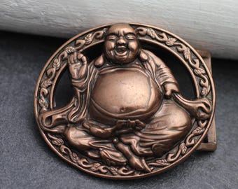 Vintage Buddha Head Buckle Brown Leather Belt Size Small Vintage Buddha Head Buckle Brown Leather Belt Filigree Brass  main image 3