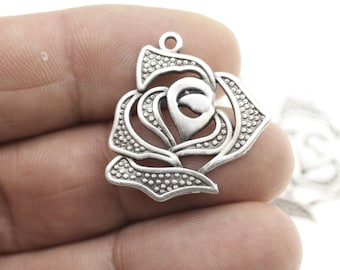 10 Silver Rose Pendants, Sterling Silver Plated, Metal Rose, Silver Charm, Necklace, Jewelry Making ZM719 AS