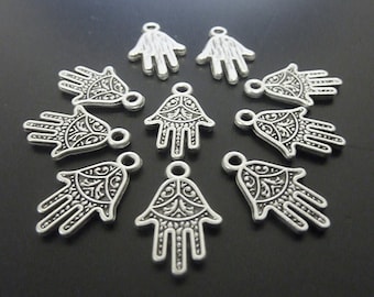 10 Hand of Fatima Pendants, Hand Charms, Antique Silver, Earrings Charms Pendant Necklace Wholesale Jewelry Findings Made in Europe ZM436 AS