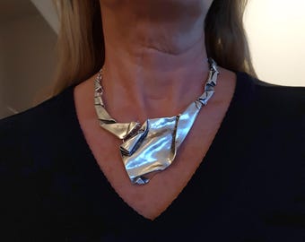 Brutalist Asymmetrical Necklace, Design Silver Necklace, Antique Silver Statement, Chunky Bib Necklace, Modernist Jewelry Gift for Her, C130