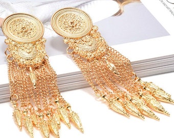 Chandelier Earrings, Gold Chandelier Earrings, Gold Statement Earrings, Long Gold Tassel Earrings, Gold Tassel Statement Earrings