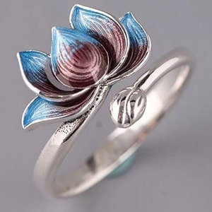 Lotus Flower Ring, Silver Lotus Flower Ring, 925 Silver Blue Enamel Lotus Flower Adjustable Wrap Ring, Lotus Ring, Silver Lotus Ring