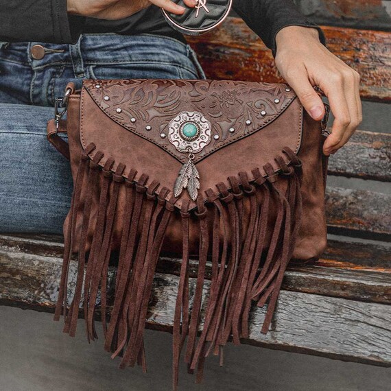 Boho Ladies Western Vegan Leather Purses with Suede Leather Fringe Shoulder Handbags for Women